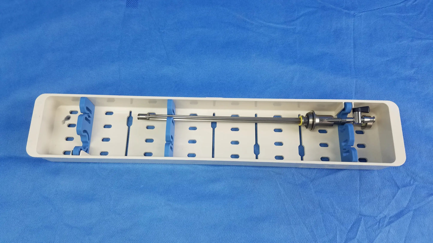Olympus a42091a working insert hystero-resectoscope metallic instrument with articulated joints in white sterilization tray
