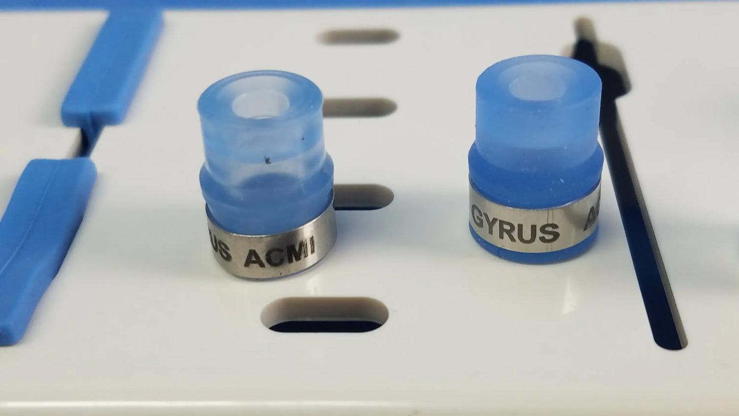 Two translucent blue acmi silicone seals with metallic bands for gyrus working insert hystero-resectoscope usage