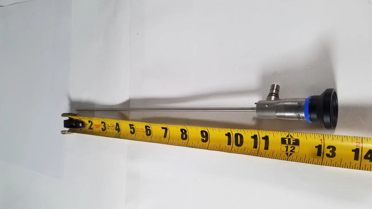 Silver olympus a4629a hd laparoscope 4mm 30 degree with black blue capped tip and measurement markings on metallic shaft