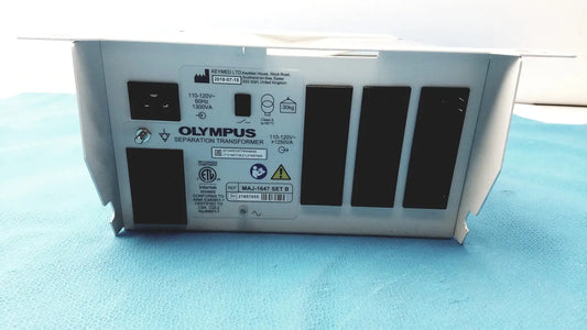 Silver olympus separation transformer maj-1647 set b back panel with black ventilation slots and labeled specifications