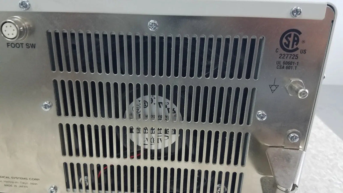 Stainless steel olympus visera elite xenon clv-s190 light source back panel with vertical slotted ventilation grille and safety logos