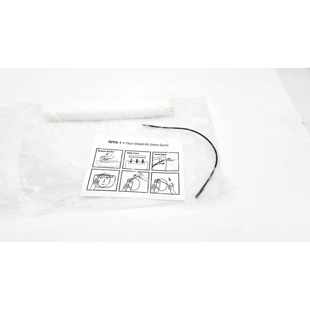 One box of dumont printing adjustable face shield kits with white plastic shield and black elastic band qty 100 per box