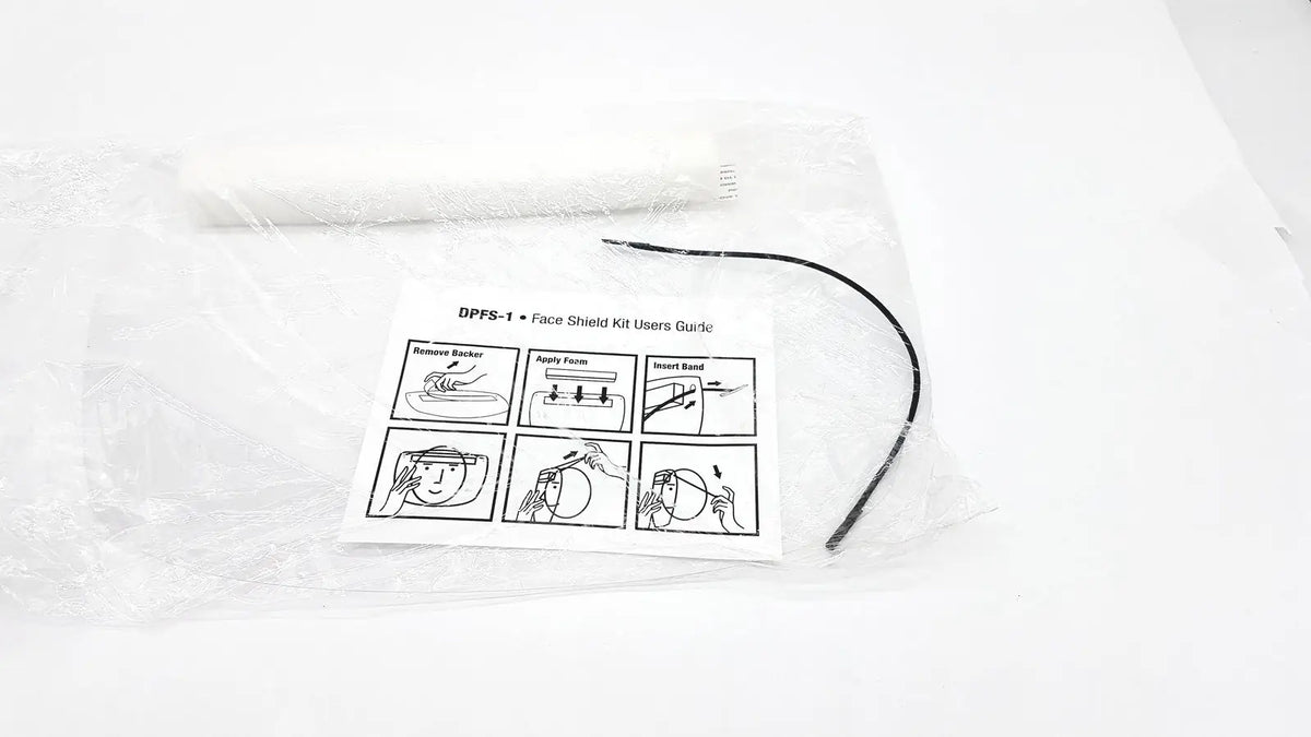 One box of dumont printing adjustable face shield kits with white plastic shield and black elastic band qty 100 per box