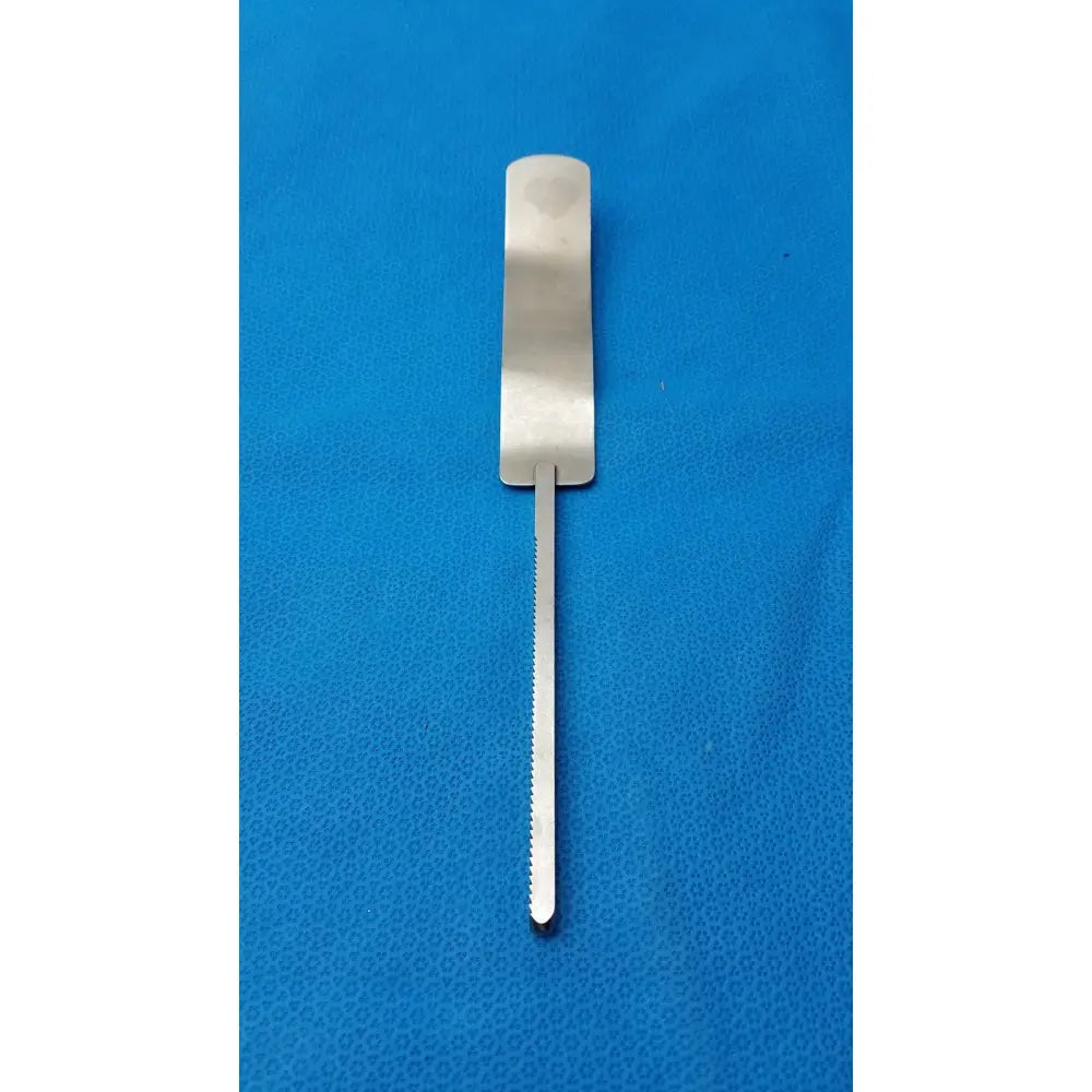 Silver osteotome stainless steel surgical instrument with flat handle and serrated blade for precise bone cutting