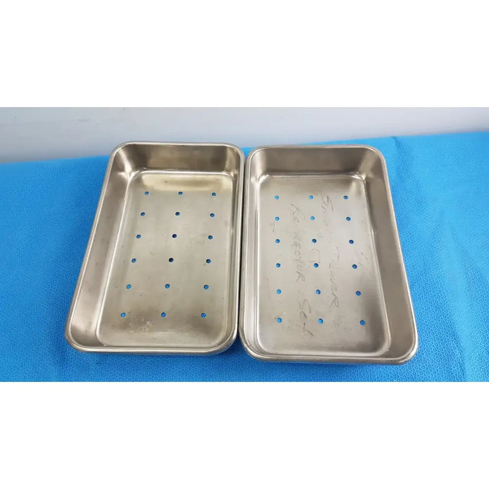 Reuse Medical Perforated Stainless Steel Holloware Instrument Tray Box — lot of 2 Sterilization Trays & Cases, second-hand product photo 1