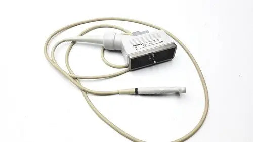 White Philips 21390a compact linear array ultrasound transducer with beige cable and black rectangular connector