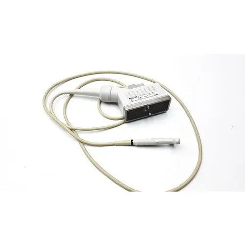 White Philips 21390a compact linear array ultrasound transducer with beige cable and black rectangular connector