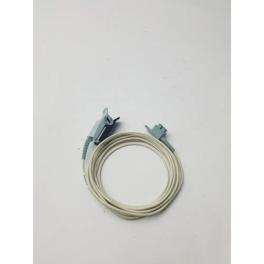 Beige philips adult finger probe spo2 sensor cable with light gray plastic connectors coiled neatly on plain surface