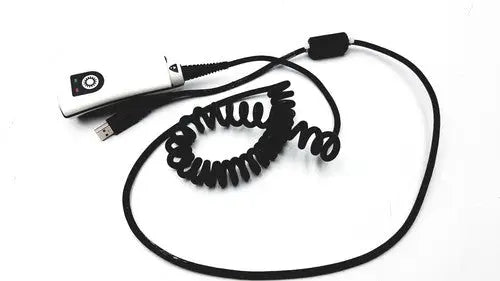White Philips HS-1 series usb flash drive with black coiled cable and circular side button for data storage and transfer