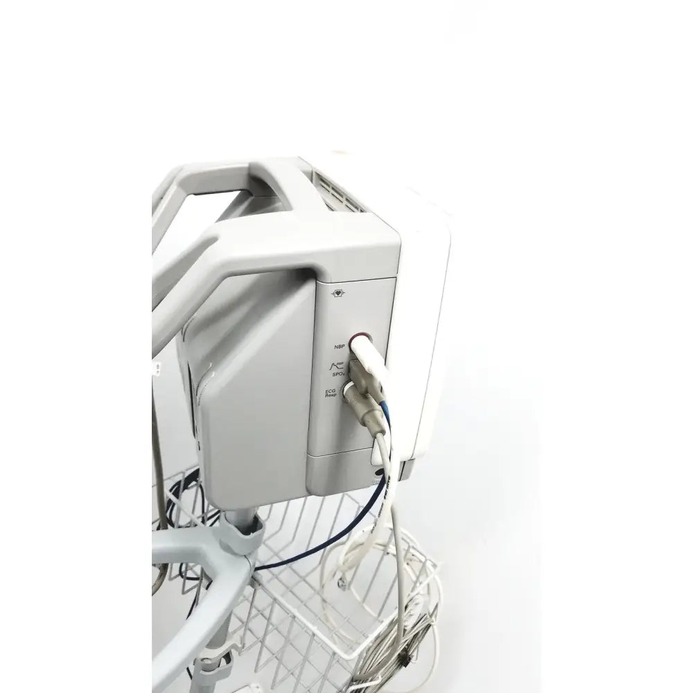 Gray Philips Intellivue MP5 patient monitor with white power cord mounted on wheeled rolling stand for medical use