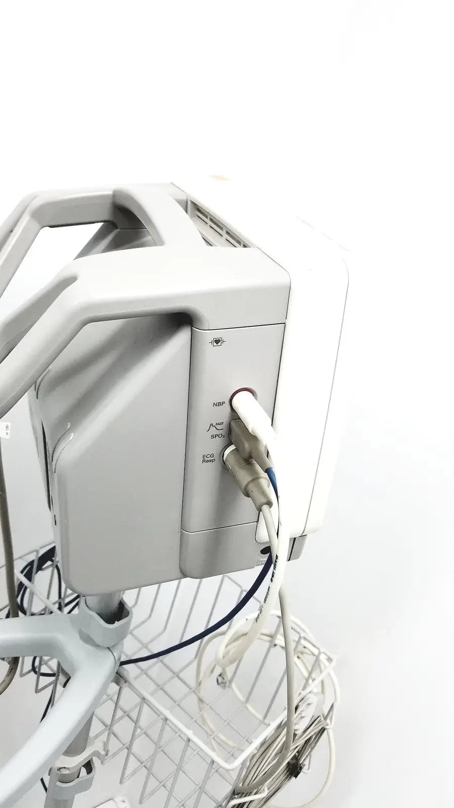 Gray Philips Intellivue MP5 patient monitor with white power cord mounted on wheeled rolling stand for medical use