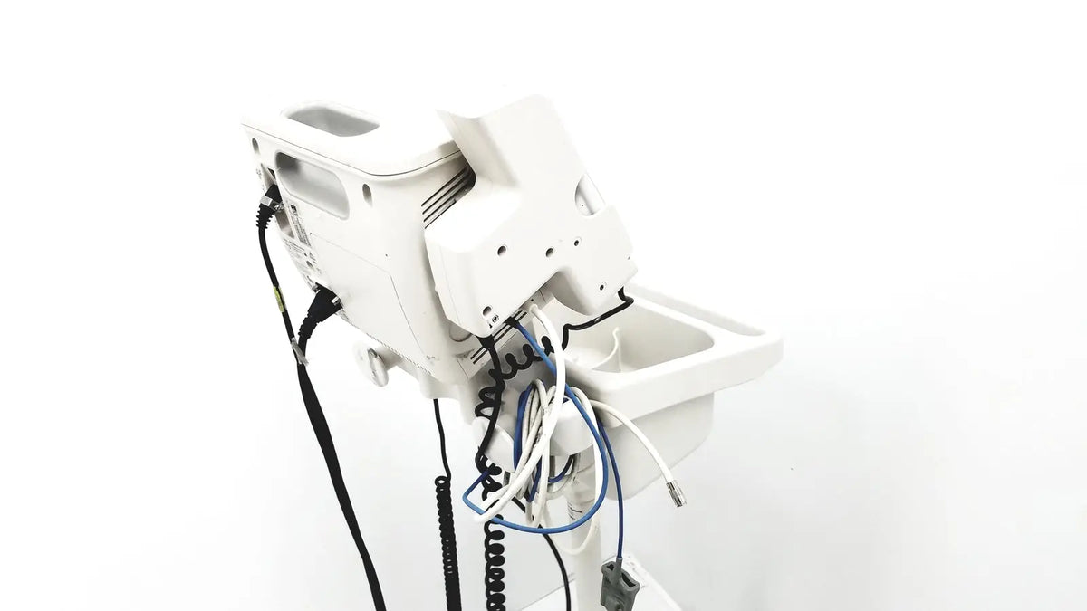 White philips suresigns vs4 vital signs monitor with temporal scanner mounted on rolling stand with multiple cables connected