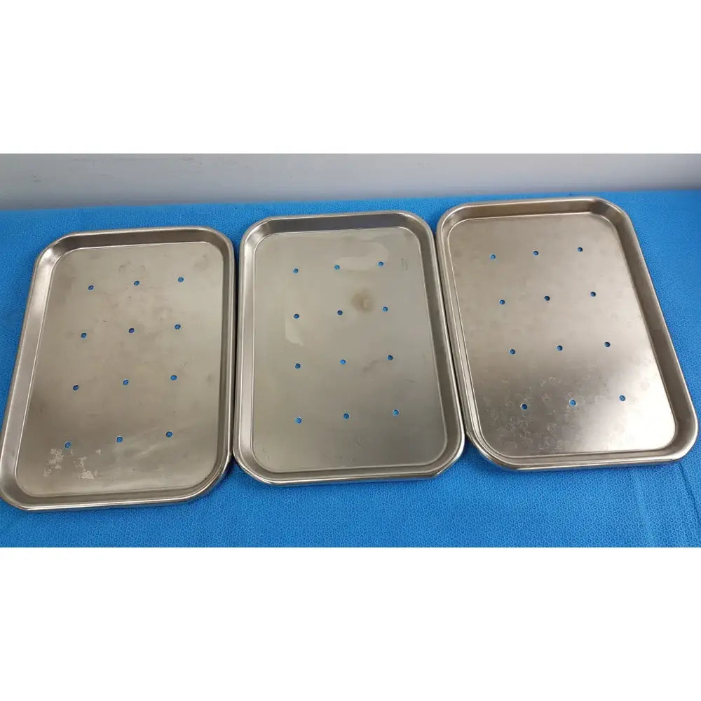 Reuse Medical Polar Ware 13F Stainless Steel Perforated Instrument Tray — Lot of 3 Sterilization Trays & Cases, second-hand product photo 1