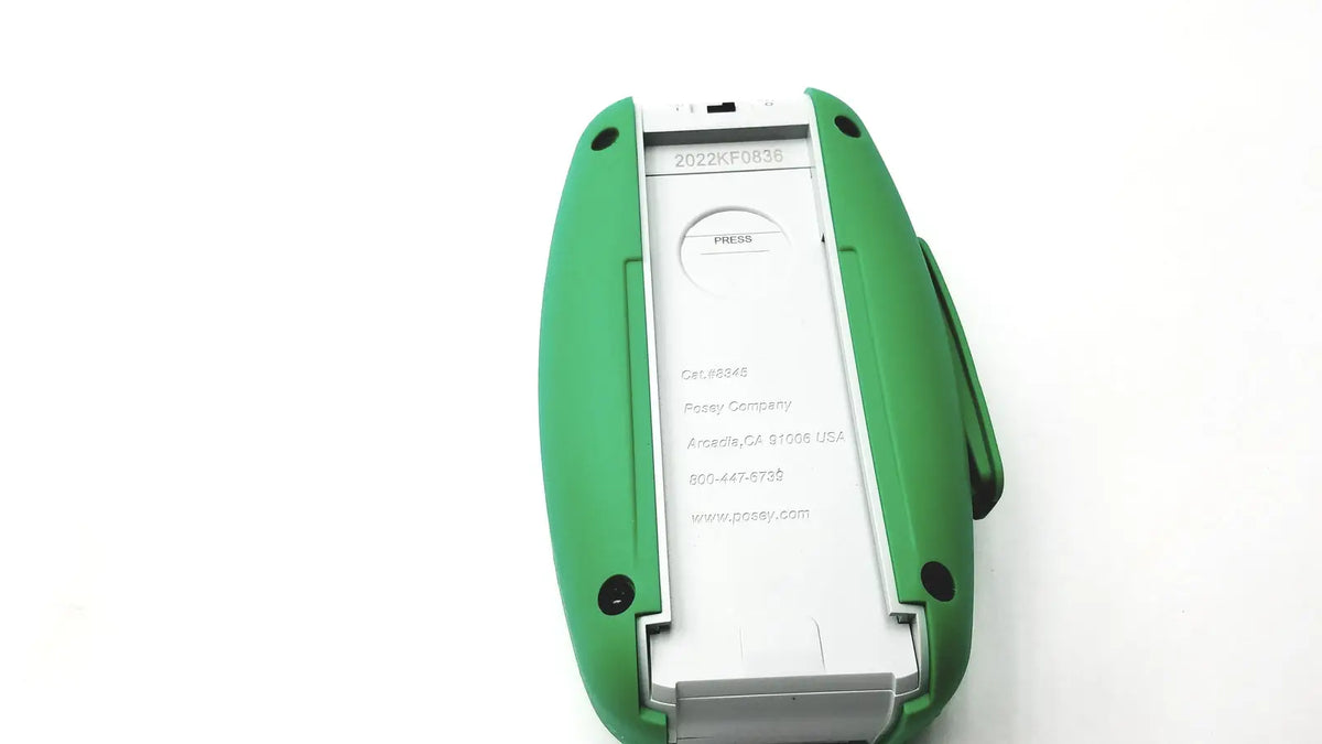 Green plastic and metal back side of posey sitter elite 8345 patient fall monitor alarm with nurse call connection