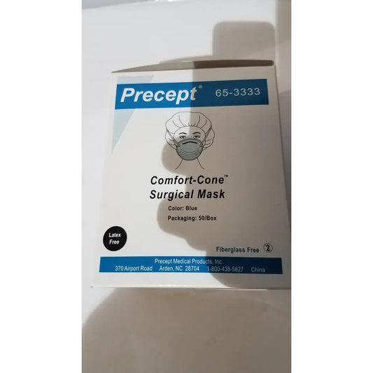 Blue precept cone-style face mask packaging box for general use featuring comfort-cone surgical mask design