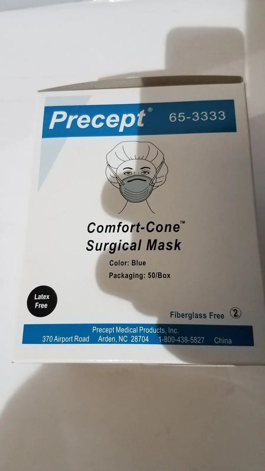 Blue precept cone-style face mask packaging box for general use featuring comfort-cone surgical mask design