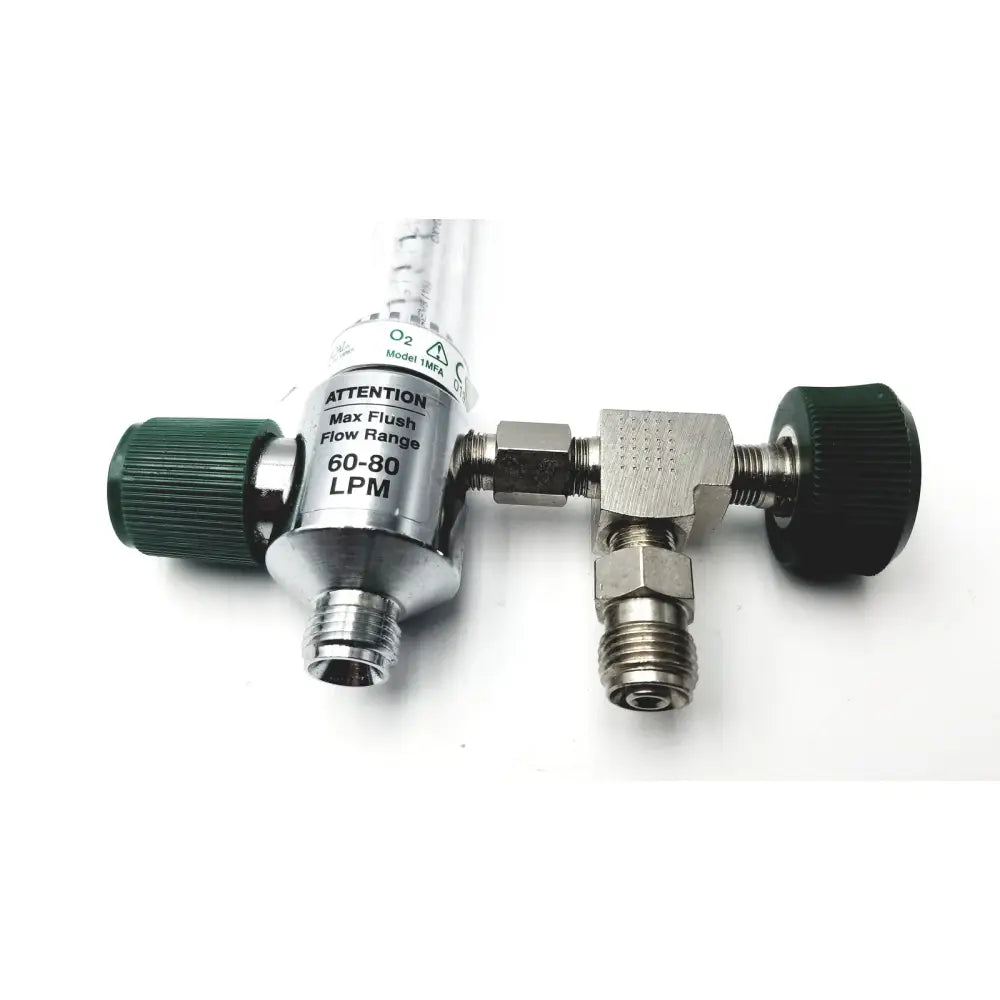 Silver precision medical oxygen flowmeter with green knobs clear tubing labeled model 1mpa max flush flow range 60-80 lpm