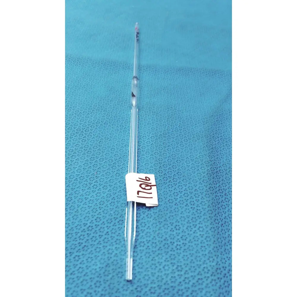 Clear pyrex 4ml class a volumetric pipette with narrow stem, bulbous body, black calibration lines, and red tip indicator
