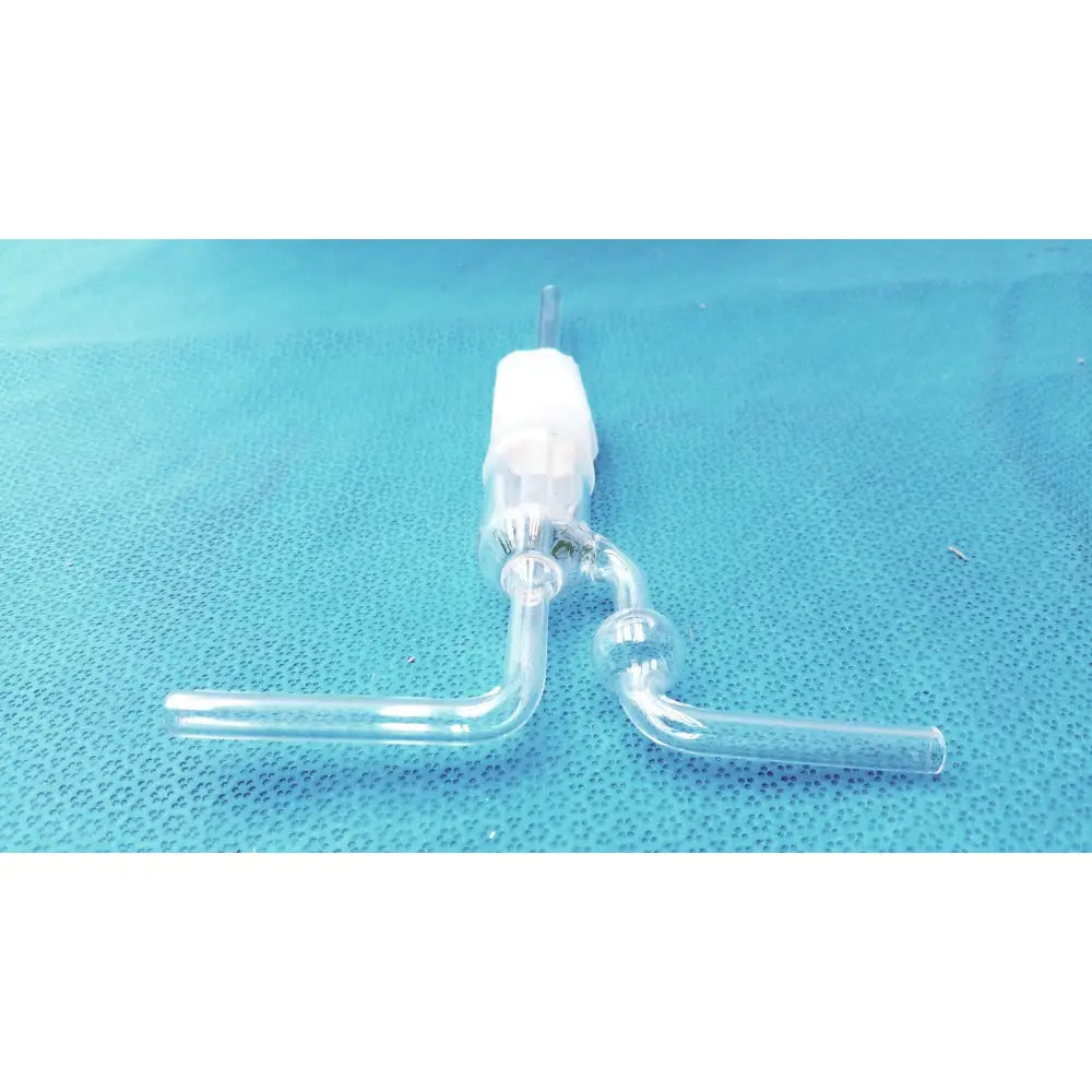 Clear pyrex glass stopper 29/42 with white plastic connector and curved tubing arms for gas washing bottle use