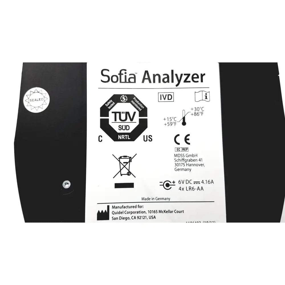Black quidel sofia laboratory analyzer with white label showing certification marks and specifications on its back side