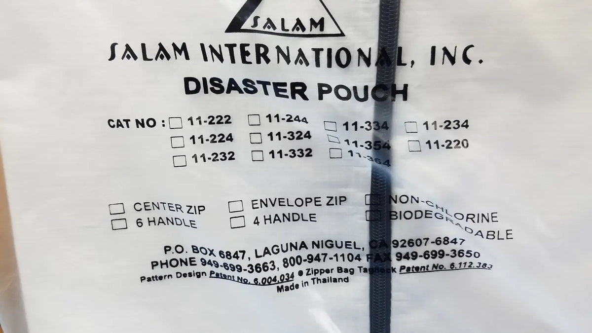 Salam international disaster pouch body bag mortuary bag white with black text and center zipper pull for secure closure