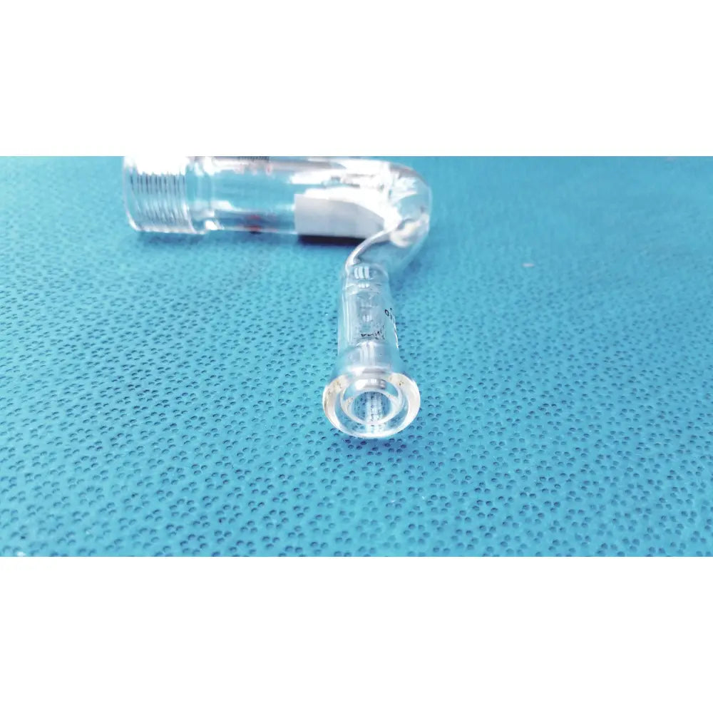 Clear borosilicate lab glass piece with threaded ends and curved bend as scientific glass apparatus for laboratory use
