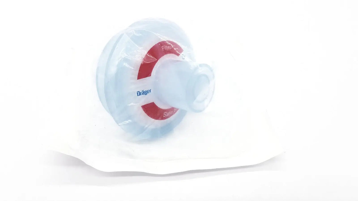 Clear plastic drager draeger mechanical safestar 55 respiratory filter with red markings and white connector for adults