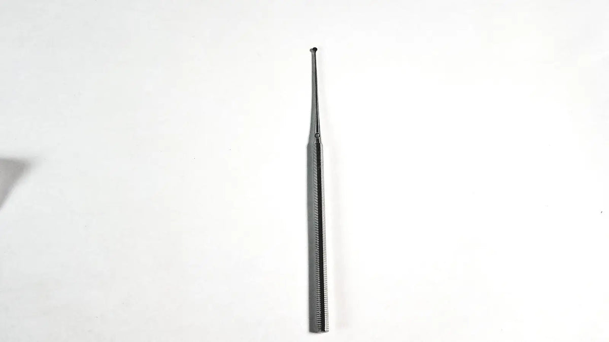 A sleek metallic ear pick with textured grip and tapered tip in the share similar items sponsored grade halle spinal bone curettes set