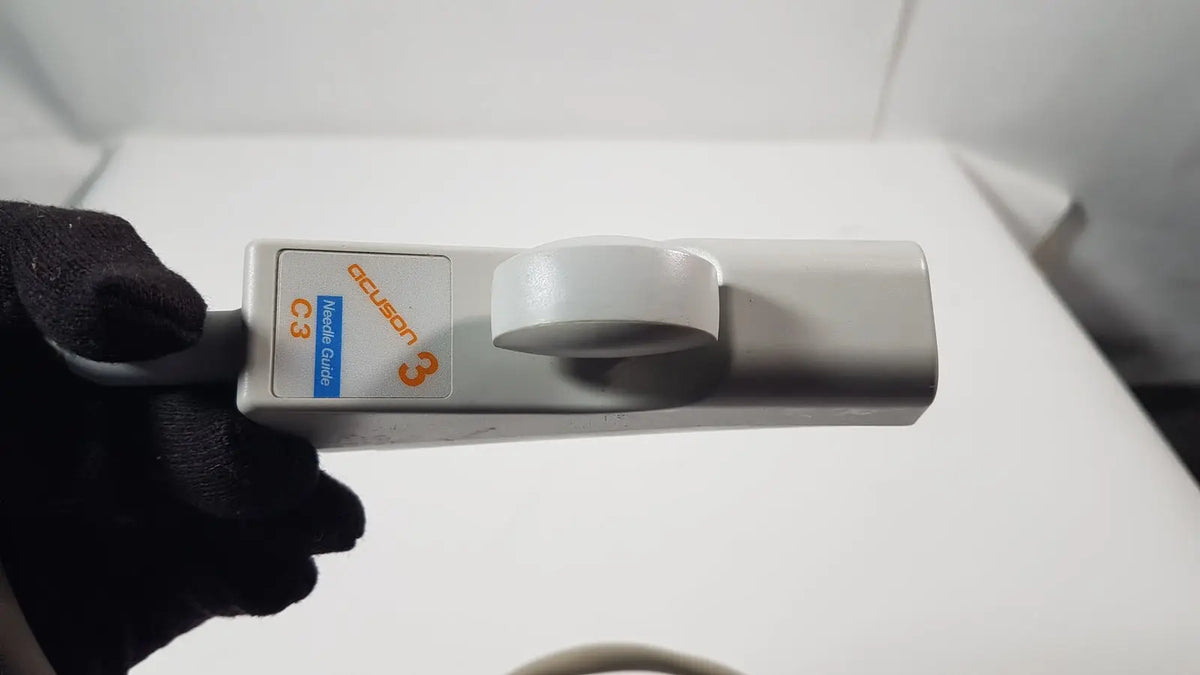 Siemens Acuson 3 needle guide c3 ultrasound linear array transducer probe with gray rounded handle and orange branding