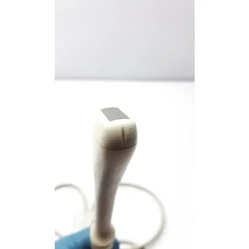 Siemens acuson ev7 linear probe ultrasound transducer with white body and rectangular gray sensor head for medical imaging