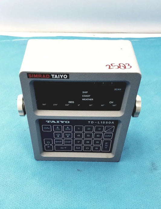 Gray simrad taiyo td-l1550a synthesized vhf automatic marine radar unit with black display keypad and silver side knobs