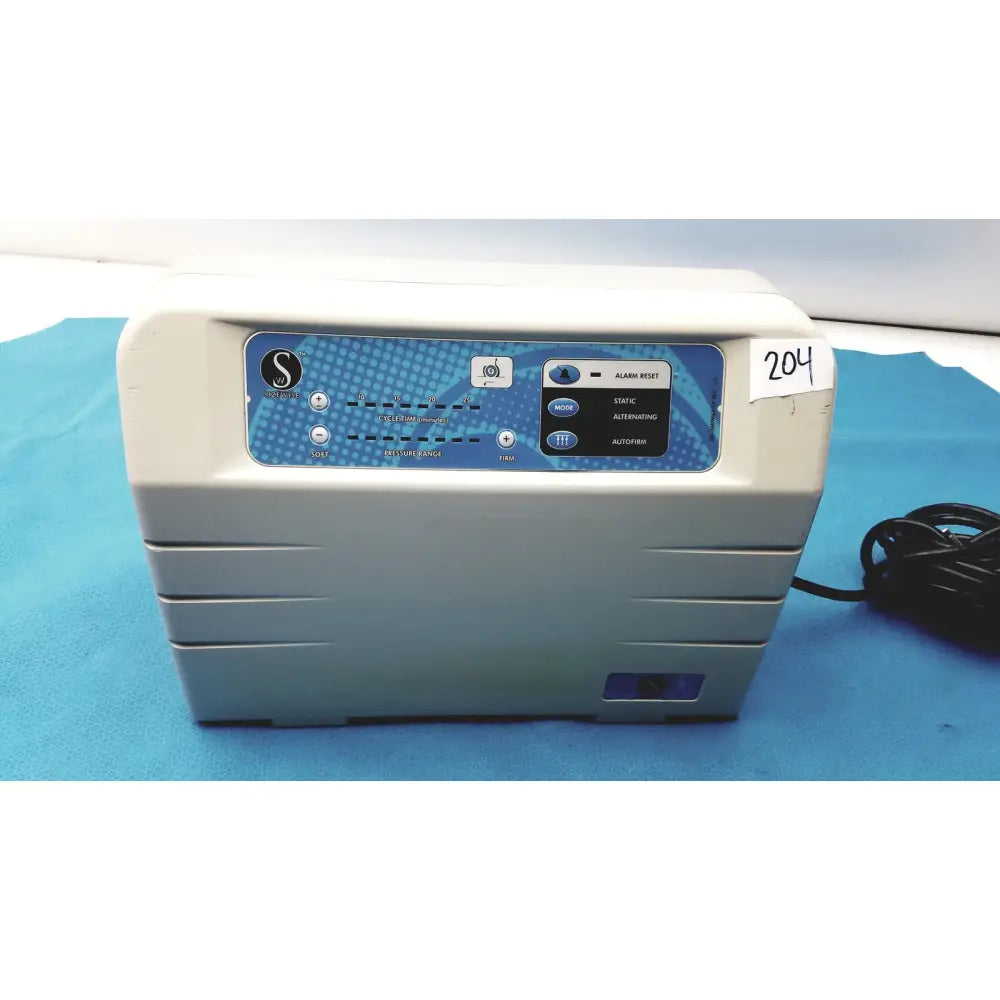 Gray and blue sizewise medical equipment air pump with control panel featuring mode static alternating and autotrim buttons