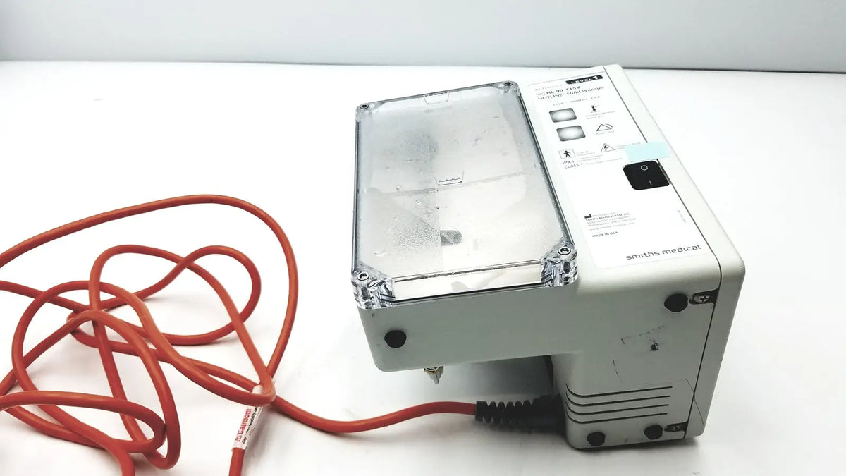 White plastic smiths medical blood and fluid warmer level 1 HL-90 with transparent lid and orange power cord 115V
