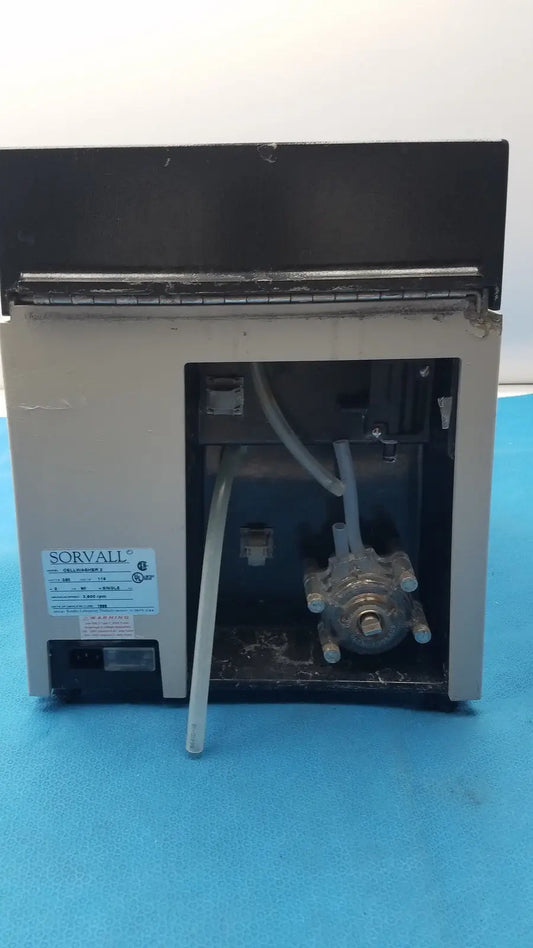 Sorvall cell washer centrifuge with beige exterior and metallic rotor assembly for centrifuge cell washing at 3600 rpm