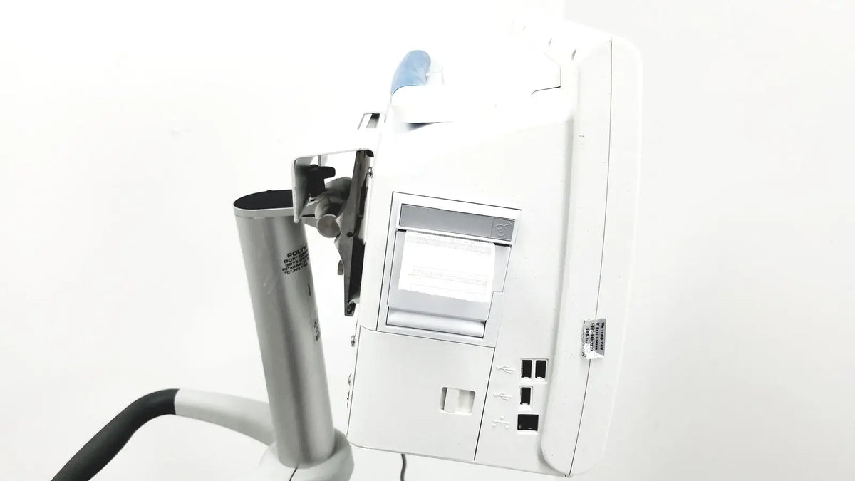 White spacelabs healthcare ultraview sl model 91367 patient monitor with silver cylindrical arm and blue accents on rolling stand