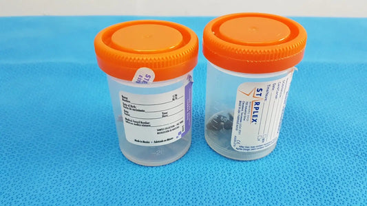 Two clear plastic specimen containers with bright orange cap and tamper-evident label by stiplex, 90 ml sterile capacity