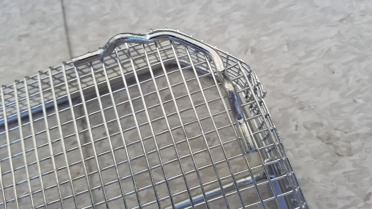 Silver stainless steel sterilization surgical cases basket with wire mesh rack and curved handle for medical use