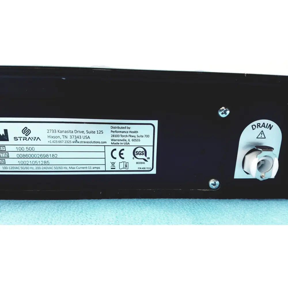 Black straya ref 100.500 strava splint bath device showing side panel with white drain port and certification labels