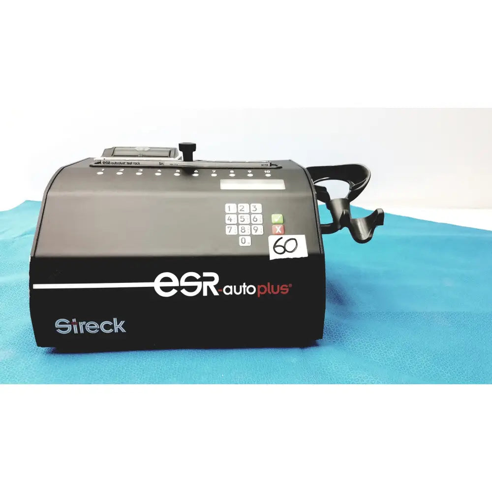 Black Streck ESR-Auto Plus 506 sedimentation rate analyzer with numeric keypad and display screen for medical use