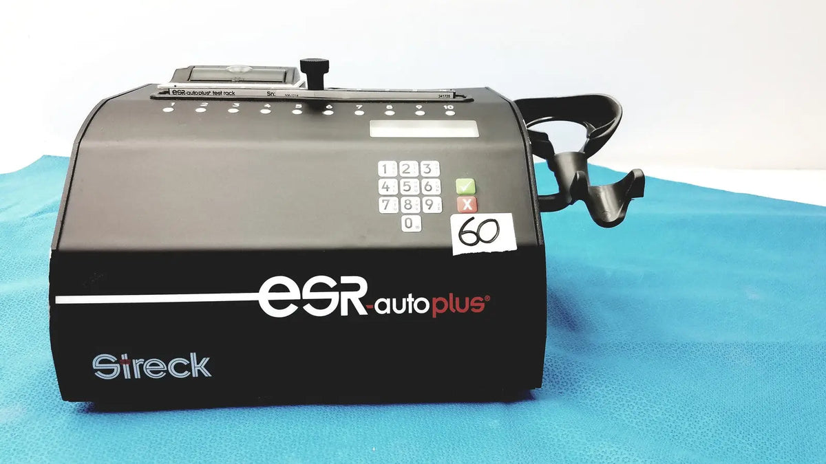 Black Streck ESR-Auto Plus 506 sedimentation rate analyzer with numeric keypad and display screen for medical use