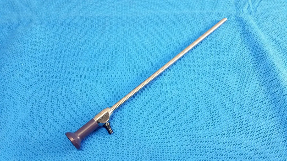 Silver surgical stryker precision 10mm 30° autoclavable endoscope with purple handle and metallic joints