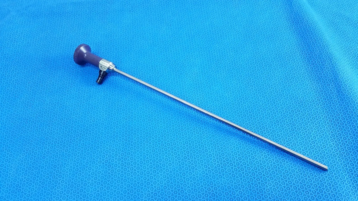 Stryker 5mm 0 autoclavable endoscope with purple handles and slender metallic shaft for reuse medical procedures