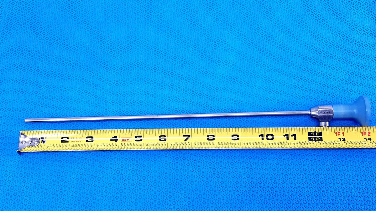 Silver stryker ideal eyes 5mm autoclavable endoscope with blue handle and engraved branding near the shaft