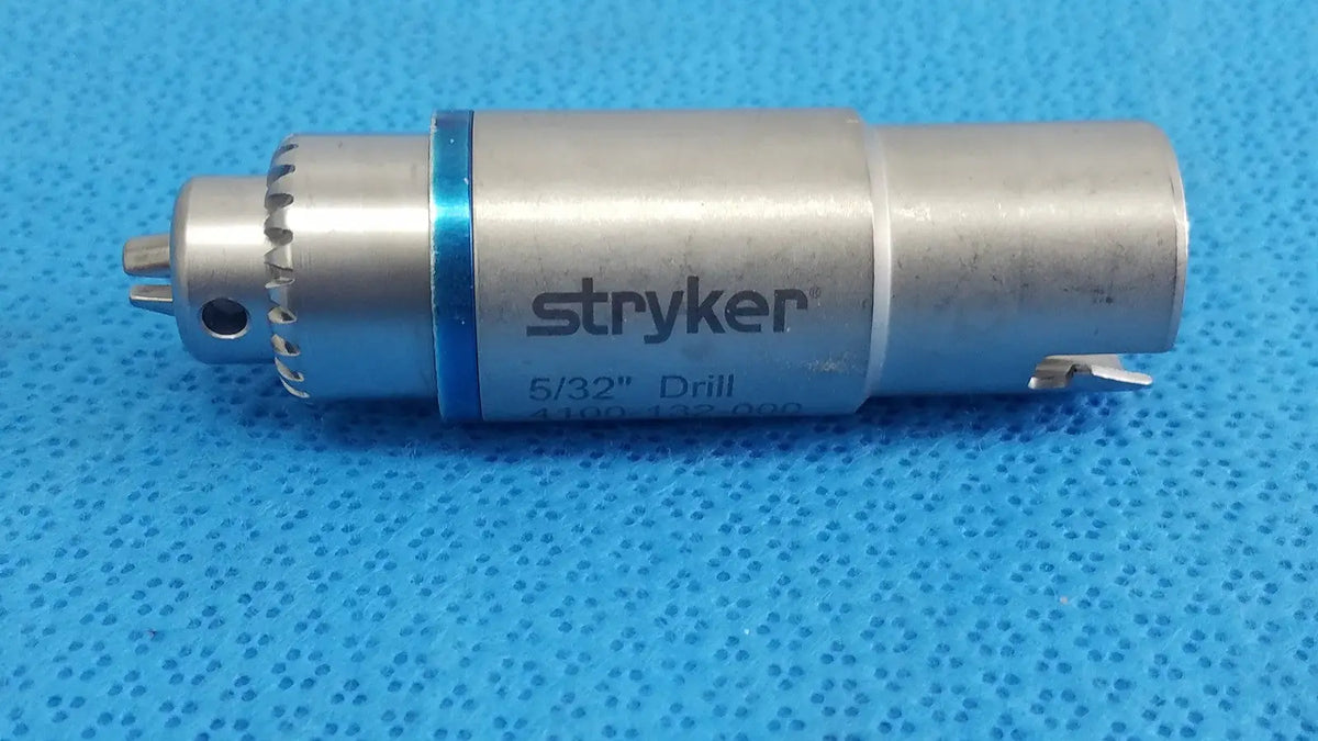 Stryker 5/32 inch surgical drill bit with metallic finish and blue accent ring for reuse medical and orthopedic instruments