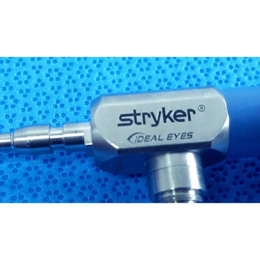 Silver stryker ideal eyes 4mm 30 degree autoclavable endoscope with metallic hexagonal body and blue tubing attachments