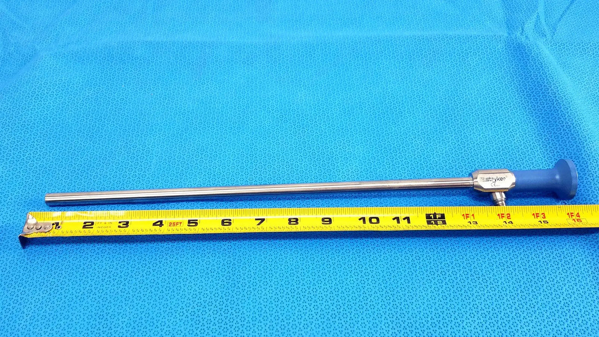Silver stryker 502-457-010 10mm 0° autoclavable endoscope with blue ergonomic handle and metallic joints on measuring tape