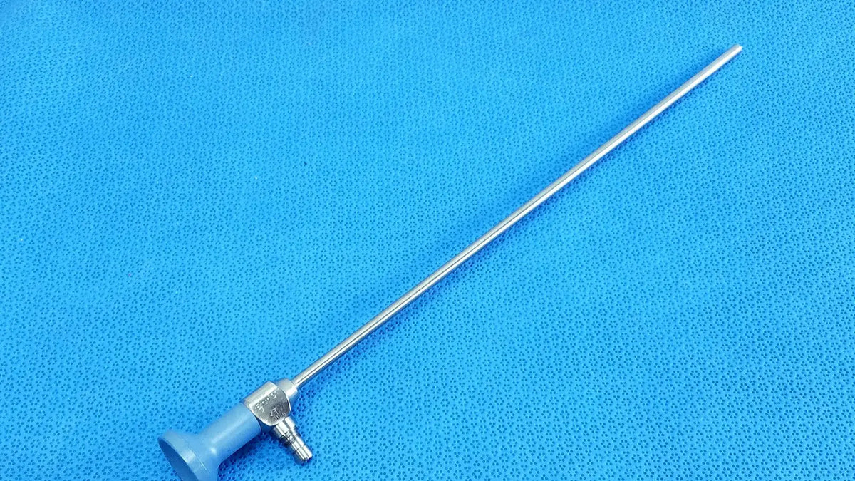 Silver surgical endoscope with blue ergonomic handle and metallic joints stryker ideal eyes 5mm autoclavable model