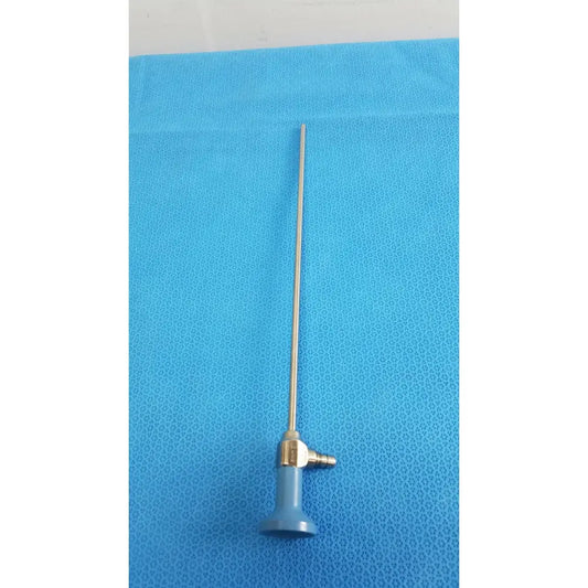 Silver surgical endoscope with blue plastic handle and brass fittings stryker ideal eyes 5mm autoclavable endoscope