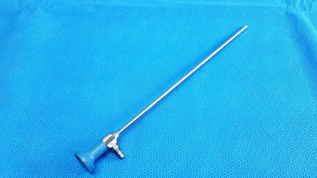 Silver surgical ideal eyes 5mm endoscope with blue ergonomic handle and metallic joints for autoclavable use