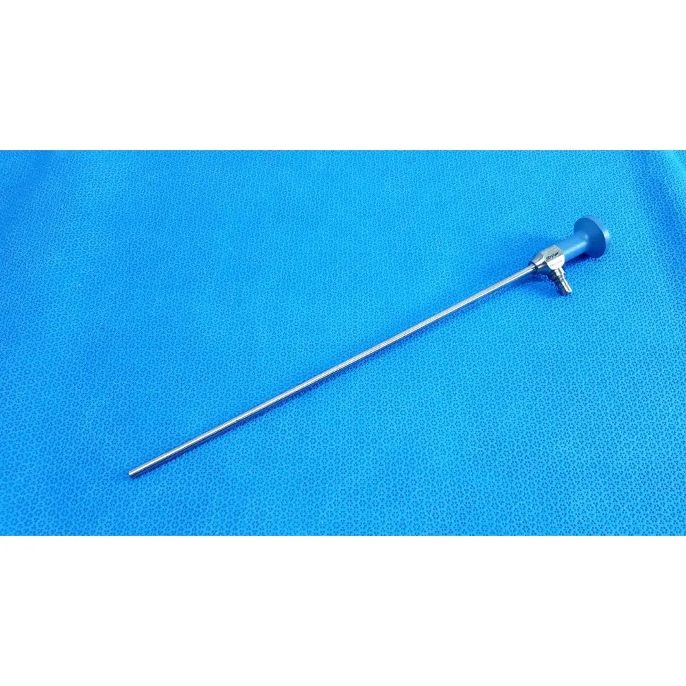 Silver ideal eyes 5mm surgical endoscope with blue ergonomic handle and metallic joints for precise medical use